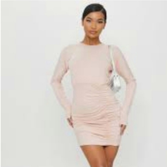 PRETTY LITTLE THING Rouched Detail Long Sleeve Bodycon Dress Nude/Blush - Picture 9 of 12